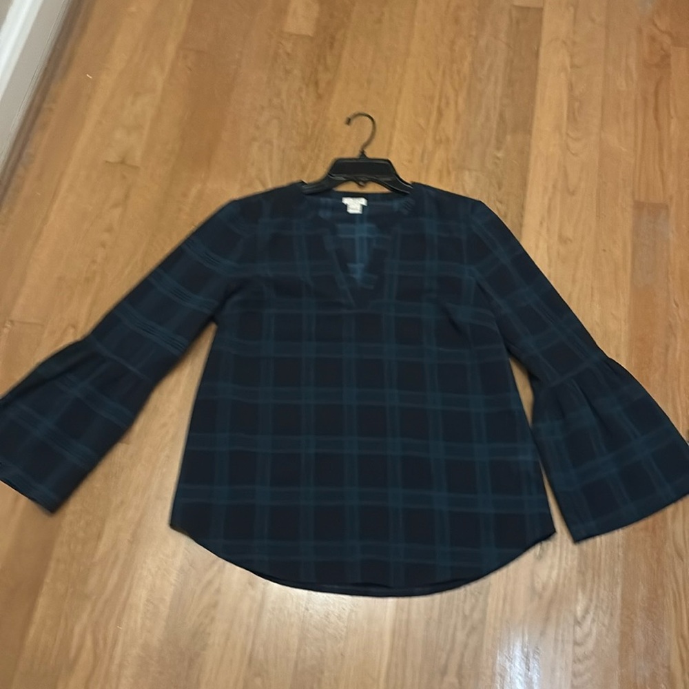 J. Crew Plaid Shirt Blouse Bell Sleeves Small - Picture 2 of 6